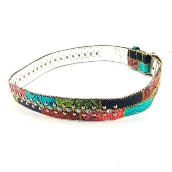 Guess Vibrant Mock Snakeskin Reptile Studded Beaded Belt Silver Buckle Size XS.. - Picture 6 of 14